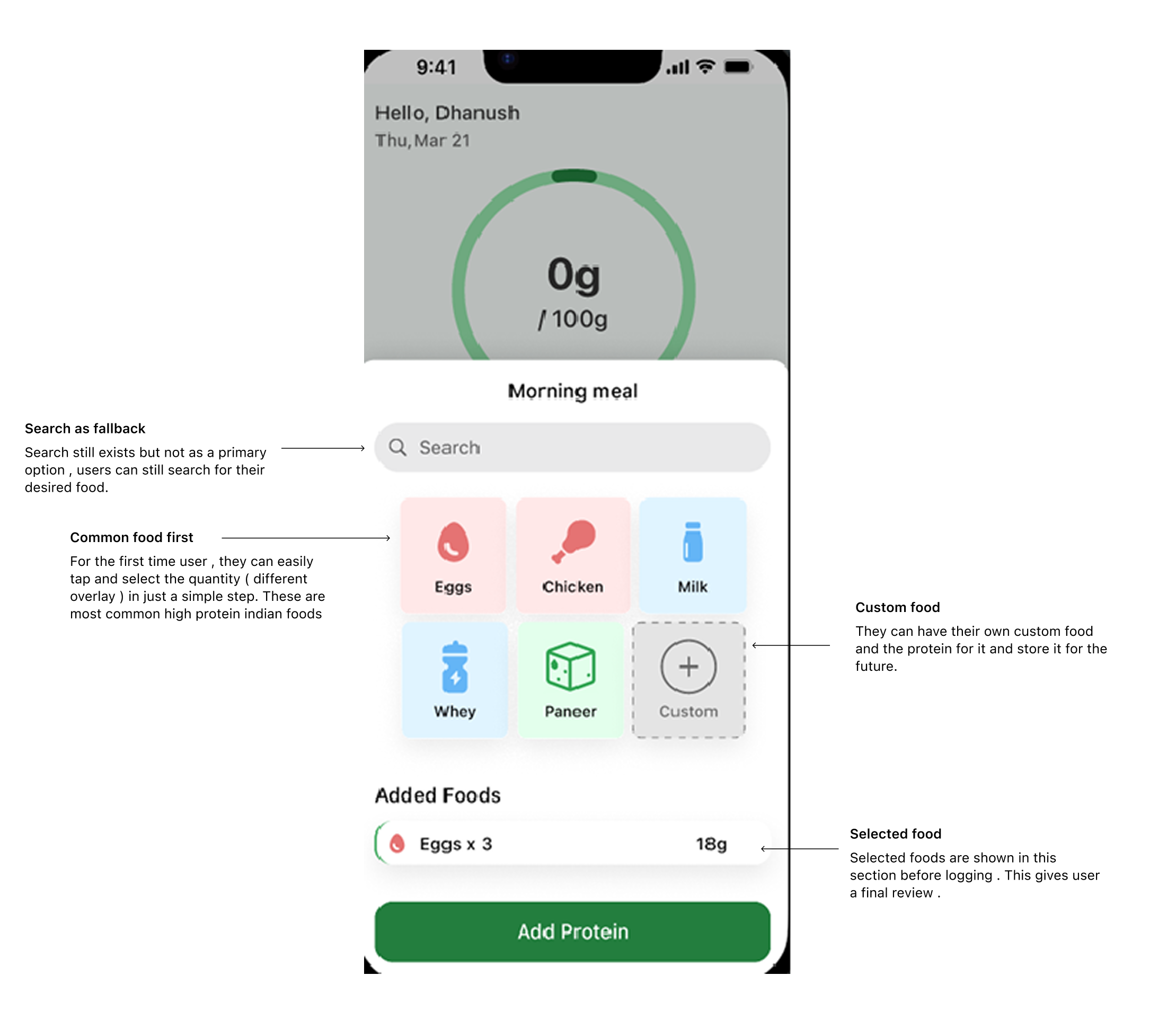 Protein Tracker Quick Custom Log Gesture Breakdown