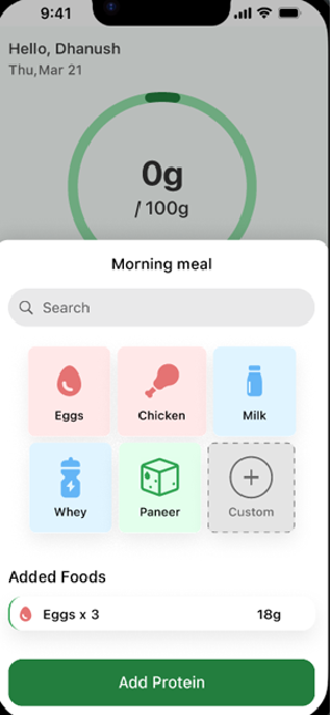 Protein Tracker Quick Custom Log Gesture Screen